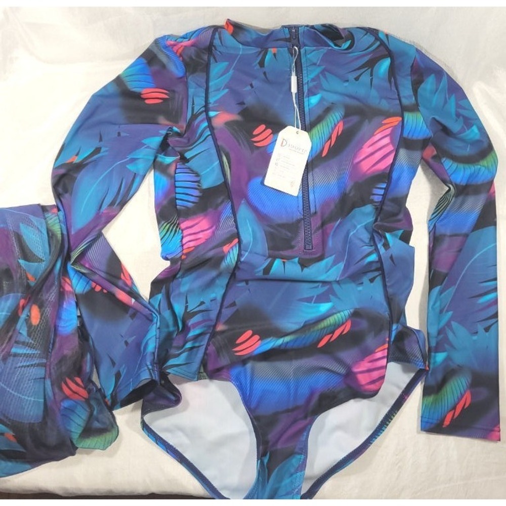 IDOPIP Women's 1pc Zip Front Long Sleeve Swimsuit w/ Sarong - Tropical Navy - M